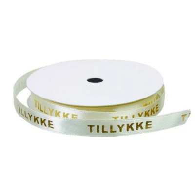 Satinbånd, TILLYKKE, 9 mm, 9 m Creme