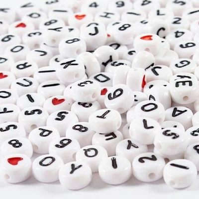 Bogstavperler, 7 mm, hul 1,2 mm, 200 stk Sort Hvid