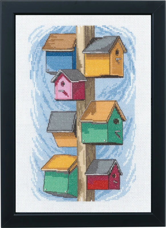 Kit punto croce Casette per uccelli pali 29 x 20 cm