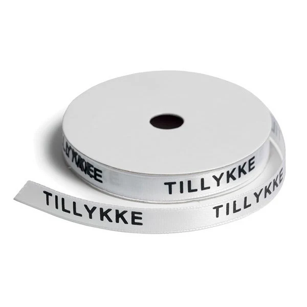 Satinbånd, TILLYKKE, 9 mm, 9 m Hvid