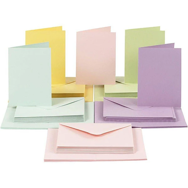 Kort og kuverter, kort 10,5 x 15 cm, kuvert 11,5 x 16,5 cm, 50 sæt Pastelfarver