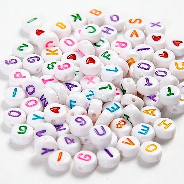 Bogstavperler, 7 mm, hul 1,2 mm, 200 stk Blandede farver