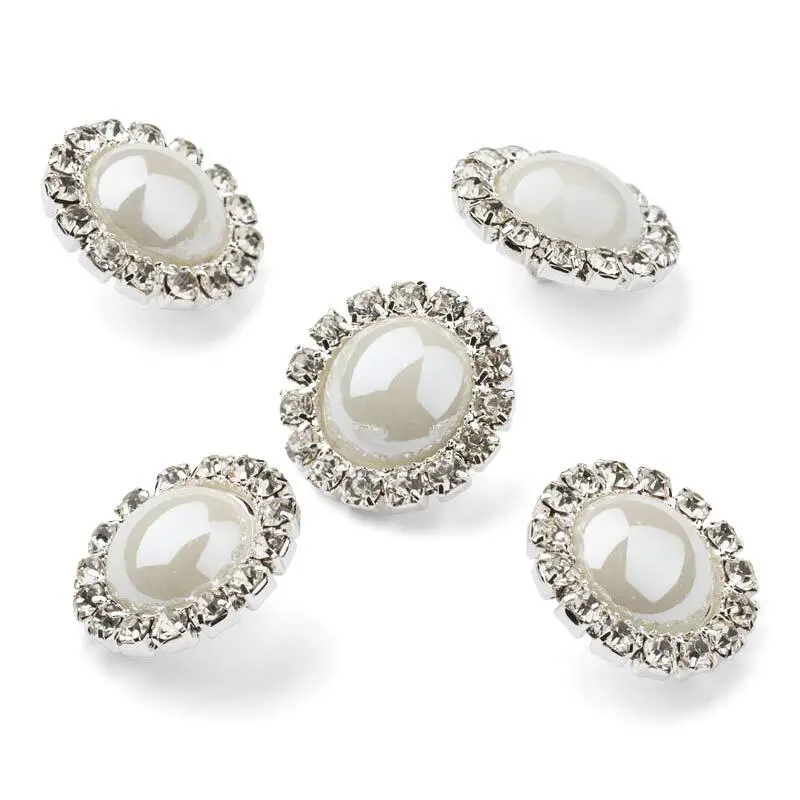 HobbyArts Bottoni con Strass e Perle, Bianchi, 15 mm, 5 pz