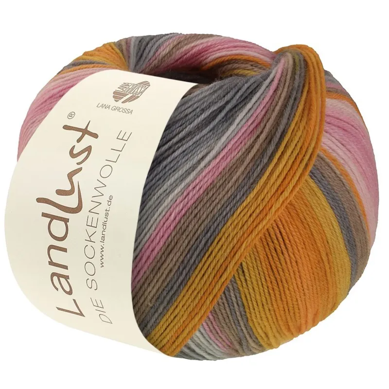 Lana Grossa Landlust Die Sockenwolle 132 Arancione/Tuorlo d’uovo/Arancione salmone/Grigio/Beige grigiastro/Rosa pallido/Rosa/Garofano/Grigio chiaro a strisce