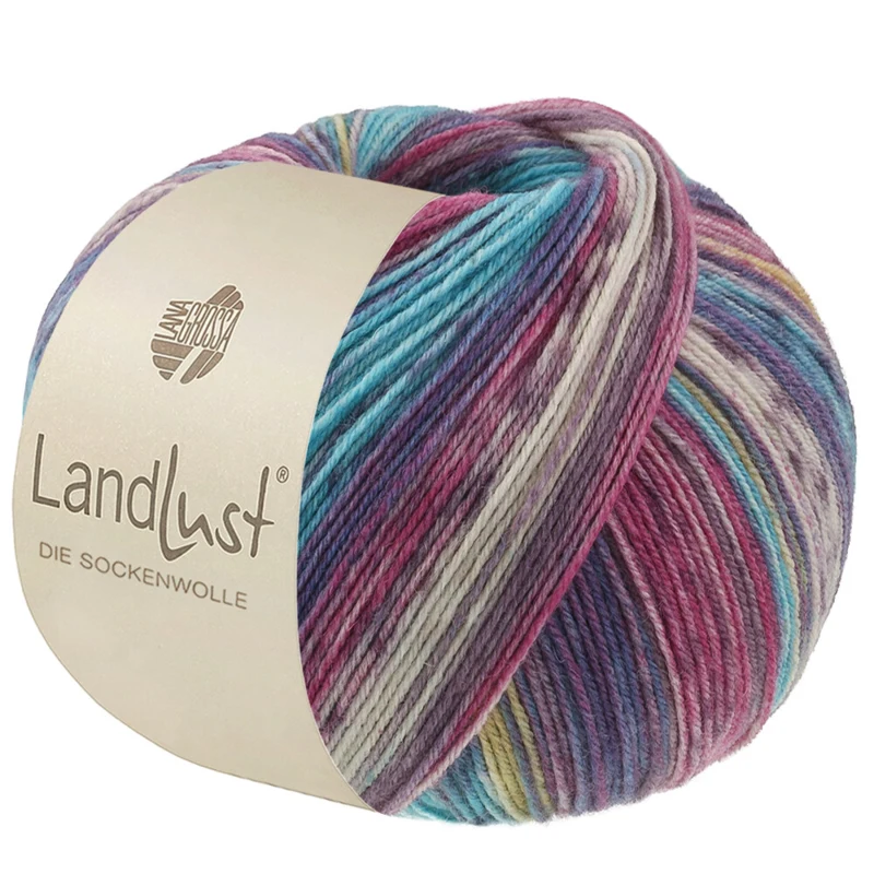 Lana Grossa Landlust Die Sockenwolle 619 Giallo zafferano/Blu scuro/-grigio/Grigio chiaro/Turchese/Mora/Bordeaux rigato