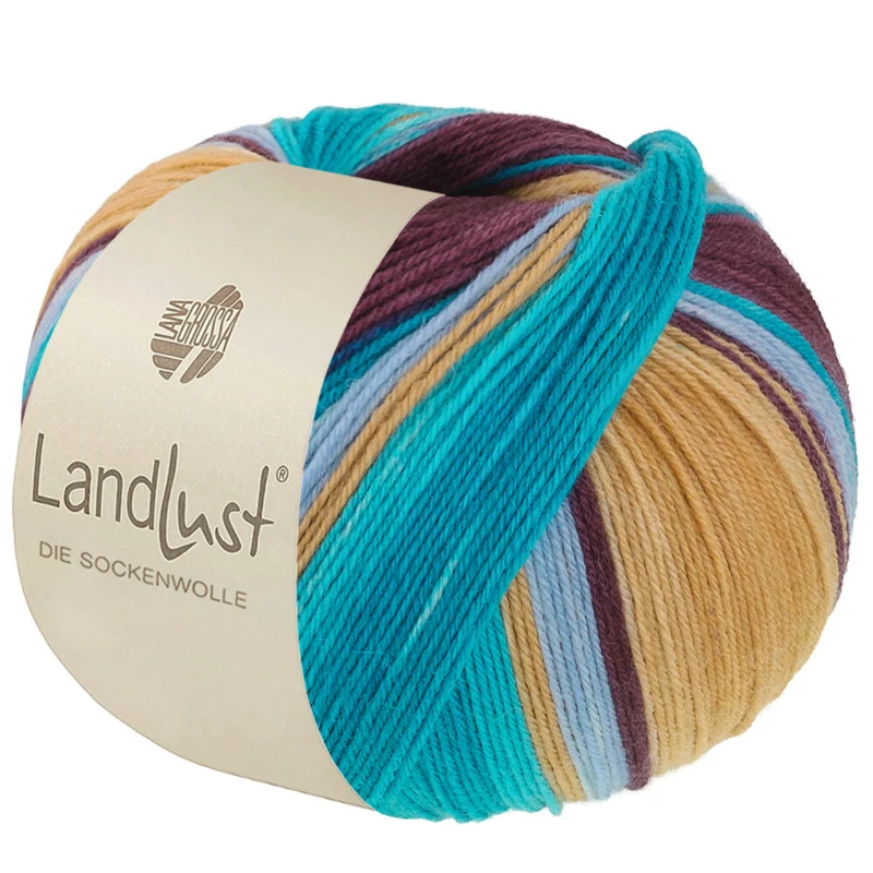 Lana Grossa Landlust Die Sockenwolle 134 Azzurro chiaro/Giallo sabbia/Turchese/Petrolio/Mora rigato