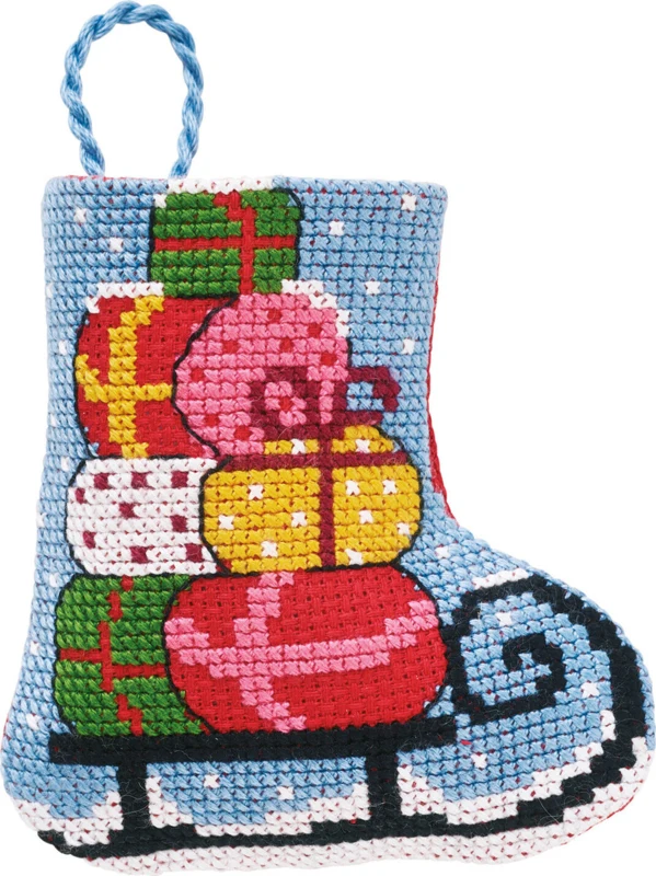 Kit da Ricamo Slitta/regali calza di Natale 7 x 8 cm
