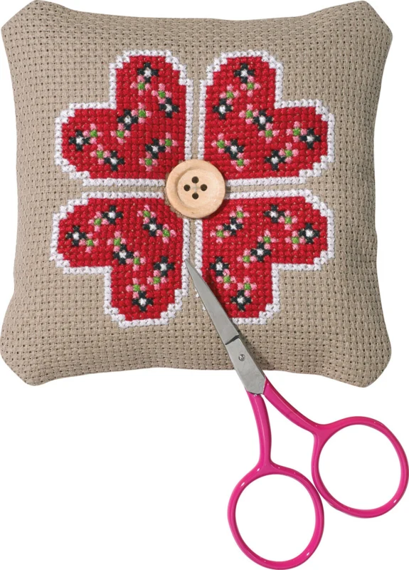 Kit per ricamo cuscinetto a forma di cuore con fiore 11x11 cm