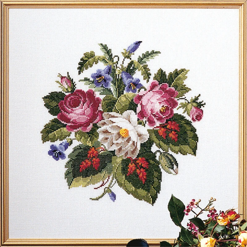 Kit da ricamo Rosa con foglie rosse 42x42 cm