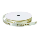 Satinbånd, TILLYKKE, 9 mm, 9 m Creme